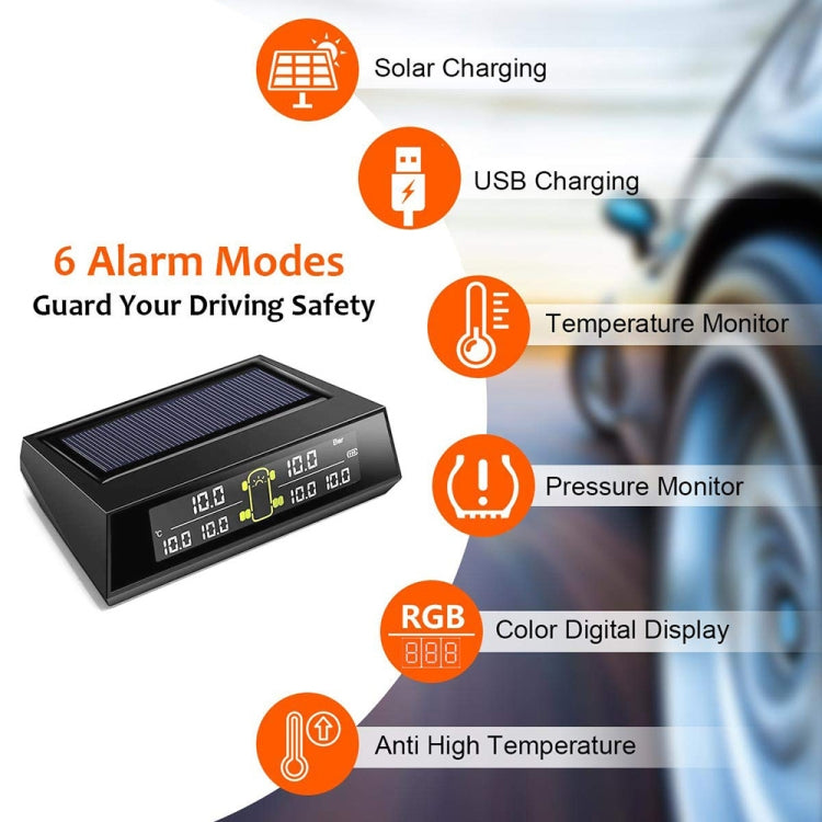 ระบบตรวจสอบแรงดันลมยางไร้สายพลังงานแสงอาทิตย์สำหรับรถยนต์ TPMS 6 เซ็นเซอร์ภายนอกสำหรับรถบรรทุก 6 ล้อ, Solar Wireless Tire Pressure Monitoring