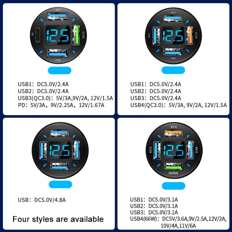 2 ชิ้น 4 in 1 USB 66W จอแสดงผลดิจิตอลรถ Super Fast Charger, 66W