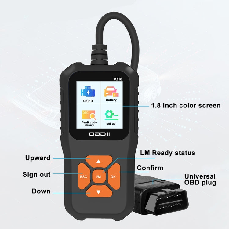 V318 รถ OBD2 หน้าจอสีเครื่องมือวิเคราะห์รหัสเครื่องอ่านรหัส, V318