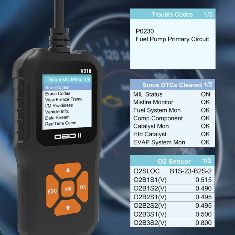 V318 รถ OBD2 หน้าจอสีเครื่องมือวิเคราะห์รหัสเครื่องอ่านรหัส, V318