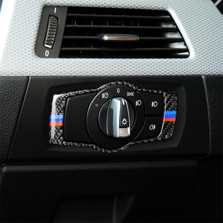 สามสีคาร์บอนไฟเบอร์รถไฟหน้าสวิทช์สติกเกอร์ตกแต่งสำหรับ BMW E90 / E92 / E93 2005-2012, Headlight  Switch (Three Color)