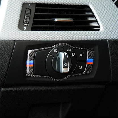 สามสีคาร์บอนไฟเบอร์รถไฟหน้าสวิทช์สติกเกอร์ตกแต่งสำหรับ BMW E90 / E92 / E93 2005-2012, Headlight  Switch (Three Color)