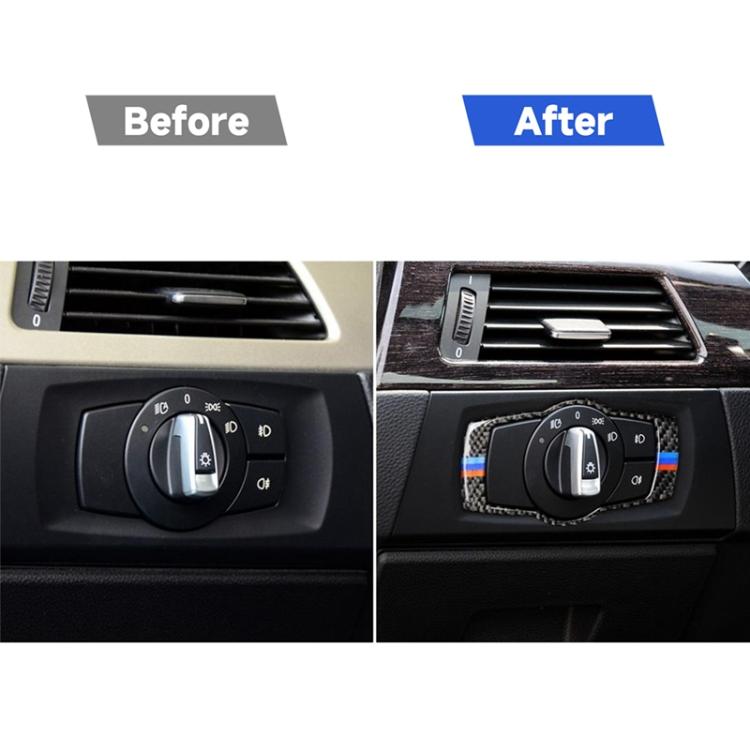 สามสีคาร์บอนไฟเบอร์รถไฟหน้าสวิทช์สติกเกอร์ตกแต่งสำหรับ BMW E90 / E92 / E93 2005-2012, Headlight  Switch (Three Color)
