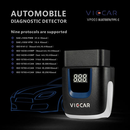 Viecar VP003 รถ Mini OBD + USB / Type-C เครื่องตรวจจับความผิดอินเทอร์เฟซ V2.2 เครื่องมือวินิจฉัยบลูทูธ, VP003