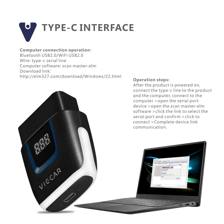 Viecar VP003 รถ Mini OBD + USB / Type-C เครื่องตรวจจับความผิดอินเทอร์เฟซ V2.2 เครื่องมือวินิจฉัยบลูทูธ, VP003