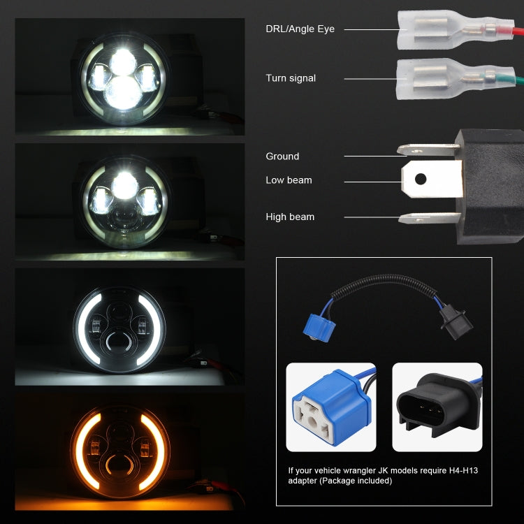 7 นิ้ว H4 / H13 DC 9V-30V 3000LM 3000K-6000K 25W รถทรงกลม LED ไฟหน้าสำหรับ Jeep Wrangler พร้อม Angel Eye, For Jeep Wrangler