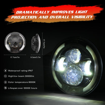 7 นิ้ว H4 / H13 DC 9V-30V 3000LM 3000K-6000K 25W รถทรงกลม LED ไฟหน้าสำหรับ Jeep Wrangler พร้อม Angel Eye, For Jeep Wrangler