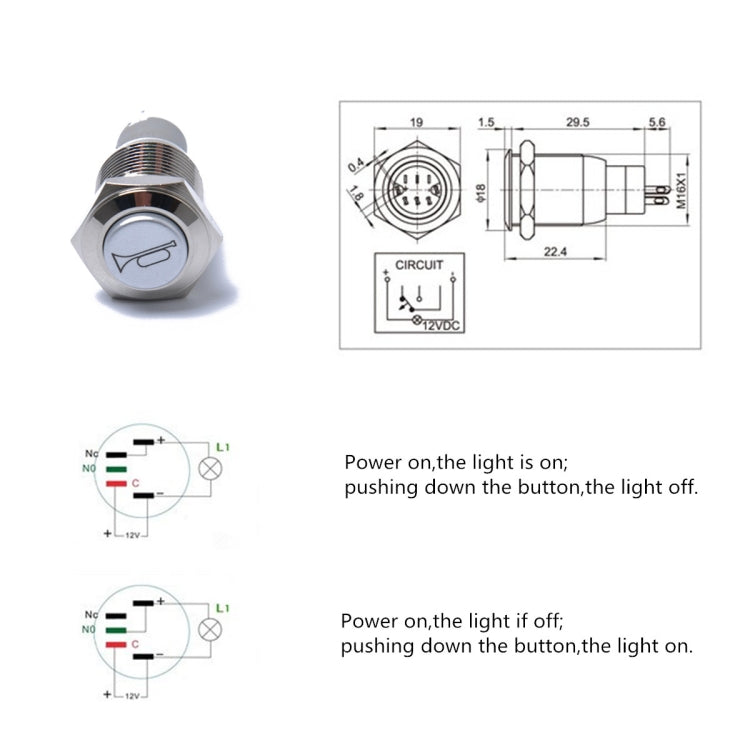สวิตช์รีเซ็ตชั่วขณะปุ่มกด 16 มม. 12V สำหรับลำโพงแตรรถจักรยานยนต์รถยนต์, Horn Speaker