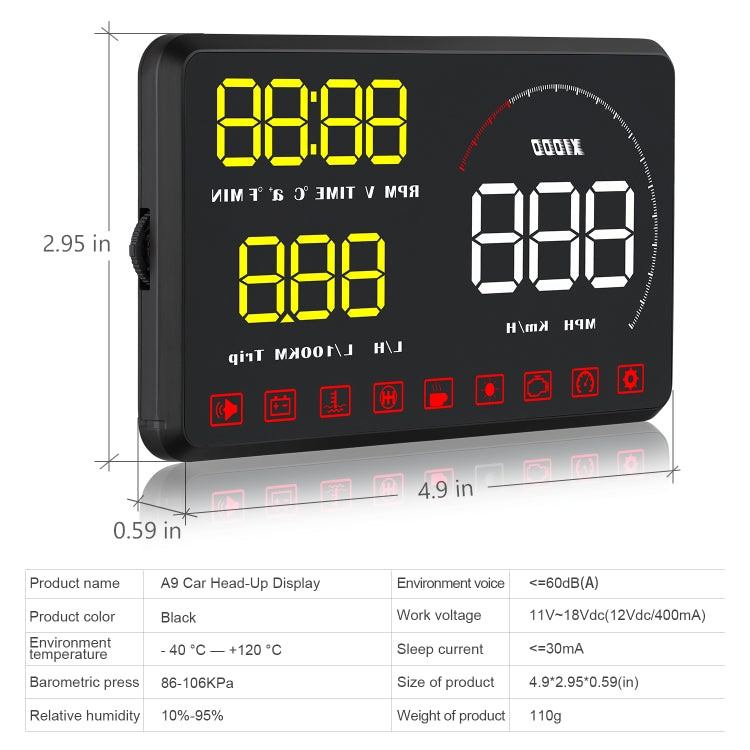 A9 5.5 นิ้ว Universal Car OBD2 HUD ติดตั้ง Head Up Display, A9(Blue)