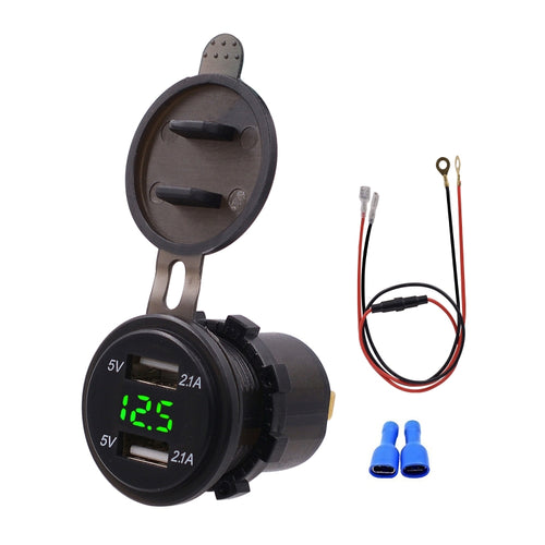 Universal Car Dual Port USB Charger Power Outlet Adapter 4.2A 5V IP66 พร้อม LED Digital Voltmeter + 60 ซม., 4.2A Voltmeter + 60cm Cable(Green Light), 4.2A Voltmeter + 60cm Cable(Red Light)