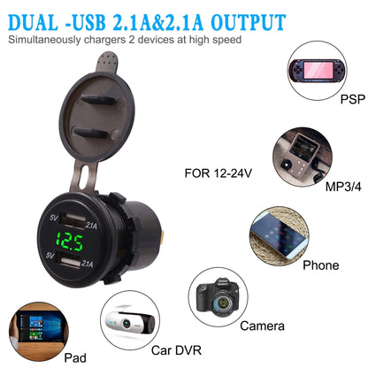 Universal Car Dual Port USB Charger Power Outlet Adapter 4.2A 5V IP66 พร้อม LED Digital Voltmeter + 60 ซม., 4.2A Voltmeter + 60cm Cable(Green Light), 4.2A Voltmeter + 60cm Cable(Red Light)
