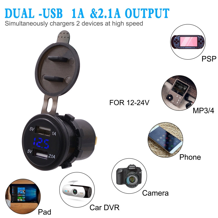 Universal Car Dual Port USB Charger Power Outlet Adapter 3.1A 5V IP66 พร้อม LED Digital Voltmeter + 60 ซม., 3.1A Voltmeter + 60cm Cable(Blue Light), 3.1A Voltmeter + 60cm Cable(Green Light), 3.1A Voltmeter + 60cm Cable(Red Light)