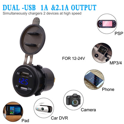 Universal Car Dual Port USB Charger Power Outlet Adapter 3.1A 5V IP66 พร้อม LED Digital Voltmeter + 60 ซม., 3.1A Voltmeter + 60cm Cable(Blue Light), 3.1A Voltmeter + 60cm Cable(Green Light), 3.1A Voltmeter + 60cm Cable(Red Light)