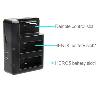 เครื่องชาร์จแบตเตอรี่คู่ + เครื่องชาร์จควบคุมระยะไกลพร้อมสาย USB สำหรับ GoPro HERO7 Black / 6/5 (AHDBT-501) ไม่รวมแบตเตอรี่, Battery+Remote Control Charger
