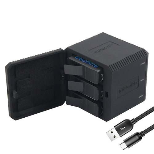 RUIGPRO USB Triple แบตเตอรี่ กล่องชาร์จที่อยู่อาศัยพร้อมสาย USB และไฟแสดงสถานะ LED สำหรับ GoPro HERO6 / 5