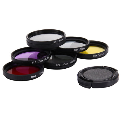 JUNESTAR 7 in 1 Proffesional 37 มม. ฟิลเตอร์เลนส์ (CPL + UV + ND4 + แดง + เหลือง + FLD / สีม่วง) และฝาครอบป้องกันเลนส์สำหรับ GoPro HERO4 / 3+ / 3 Sport Action Camera, 7 in 1