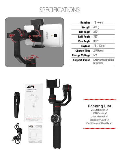 AFI V5 Smooth 3-Axis Handheld อลูมิเนียมโคลงกิมบอลไร้แปรงถ่านพร้อมขาตั้งกล้องและเติมแสงสำหรับสมาร์ทโฟนภายใน 6 นิ้วรองรับการติดตามใบหน้า