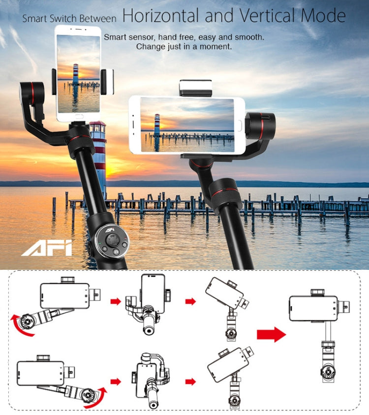 AFI V5 Smooth 3-Axis Handheld อลูมิเนียมโคลงกิมบอลไร้แปรงถ่านพร้อมขาตั้งกล้องและเติมแสงสำหรับสมาร์ทโฟนภายใน 6 นิ้วรองรับการติดตามใบหน้า