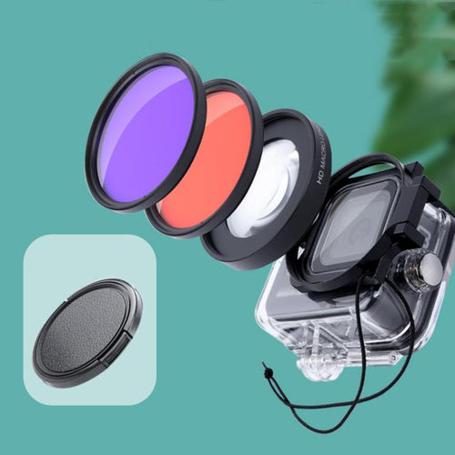 RUIGPRO สำหรับ GoPro HERO8 58 มม. 16X เลนส์มาโคร + ตัวกรองเลนส์ดำน้ำสีแดง / สีม่วง + ตัวเรือนดำน้ำชุดเคสกันน้ำพร้อมแหวนอะแดปเตอร์ตัวกรองและฝาปิดเลนส์