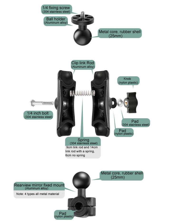 25 มม. หัวลูกมอเตอร์ไซค์กระจกมองหลังที่วางยึดคงที่พร้อม U-bolts 2 ประเภทสำหรับ GoPro Hero11 Black / HERO10 Black / 9 Black / 8 Black / 7 / 6 / 5 / 5 Session / 4 Session / 4 /3+ /3 /2/1, DJI Osmo Action และกล้องแอคชั่นอื่นๆ                              ...
