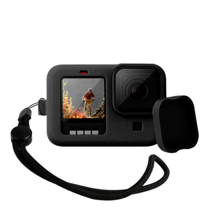 สำหรับ GoPro HERO10 Black / HERO9 ฝาครอบเคสซิลิโคนสีดำพร้อมสายรัดข้อมือและฝาครอบเลนส์, For GoPro HERO10 Black