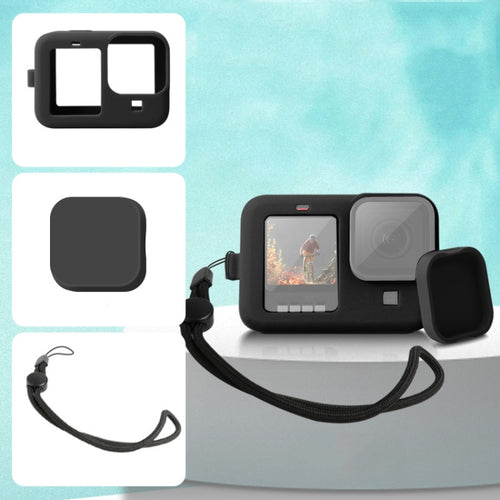 สำหรับ GoPro HERO10 Black / HERO9 ฝาครอบเคสซิลิโคนสีดำพร้อมสายรัดข้อมือและฝาครอบเลนส์, For GoPro HERO10 Black