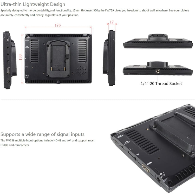 FEELWORLD FW759 1280x800 7 นิ้วหน้าจอ IPS กล้อง HD บางเฉียบ Field Monitor, FW759