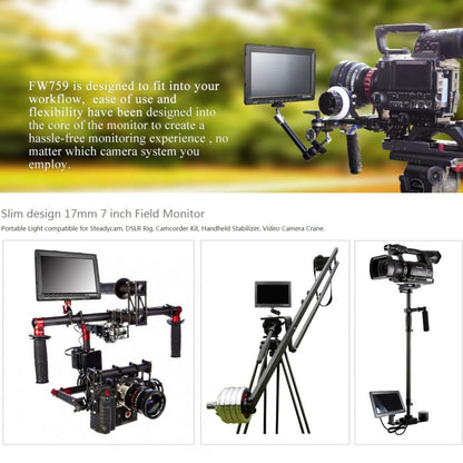 FEELWORLD FW759 1280x800 7 นิ้วหน้าจอ IPS กล้อง HD บางเฉียบ Field Monitor, FW759