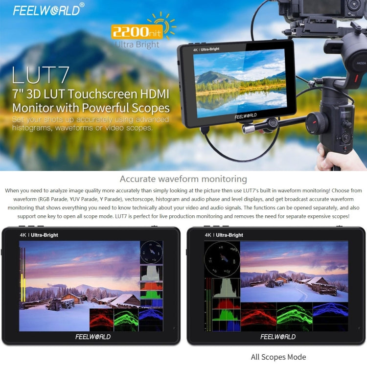FEELWORLD LUT7 1920x1200 2200 nits 7 นิ้วหน้าจอ IPS HDMI 4K Touch Screen กล้อง Field Monitor, LUT7
