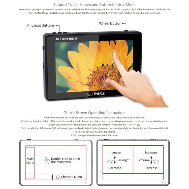 FEELWORLD LUT7 1920x1200 2200 nits 7 นิ้วหน้าจอ IPS HDMI 4K Touch Screen กล้อง Field Monitor, LUT7