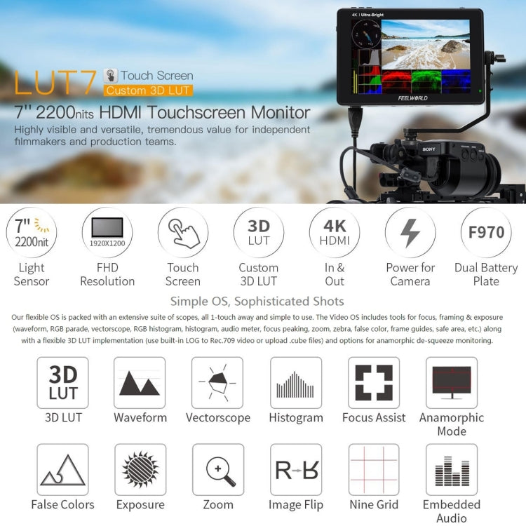 FEELWORLD LUT7 1920x1200 2200 nits 7 นิ้วหน้าจอ IPS HDMI 4K Touch Screen กล้อง Field Monitor, LUT7