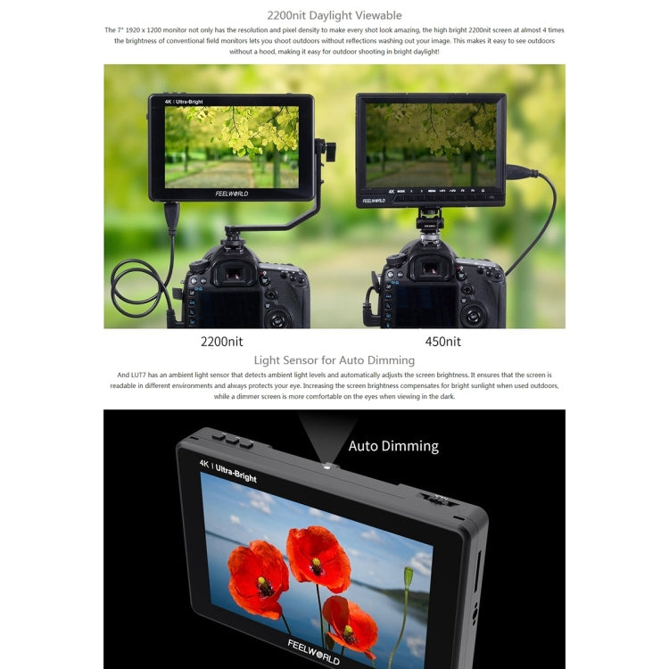 FEELWORLD LUT7 1920x1200 2200 nits 7 นิ้วหน้าจอ IPS HDMI 4K Touch Screen กล้อง Field Monitor, LUT7