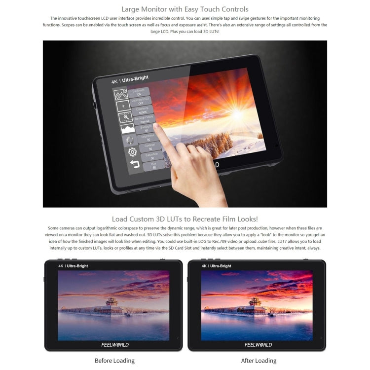 FEELWORLD LUT7 1920x1200 2200 nits 7 นิ้วหน้าจอ IPS HDMI 4K Touch Screen กล้อง Field Monitor, LUT7