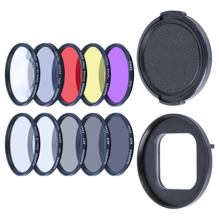 RUIGPRO สำหรับ GoPro HERO10 Black / HERO9 Black Professional 52mm 52mm 10 in 1 UV+ND2+ND4+ND8+Star 8+ +CPL+Yellow/Red/Purple+10X Close-up Lens Filter with Filter Adapter Ring & Lens Cap