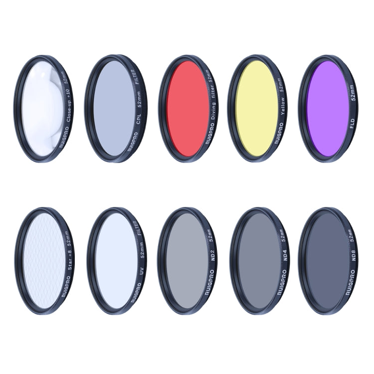 RUIGPRO สำหรับ GoPro HERO10 Black / HERO9 Black Professional 52mm 52mm 10 in 1 UV+ND2+ND4+ND8+Star 8+ +CPL+Yellow/Red/Purple+10X Close-up Lens Filter with Filter Adapter Ring & Lens Cap