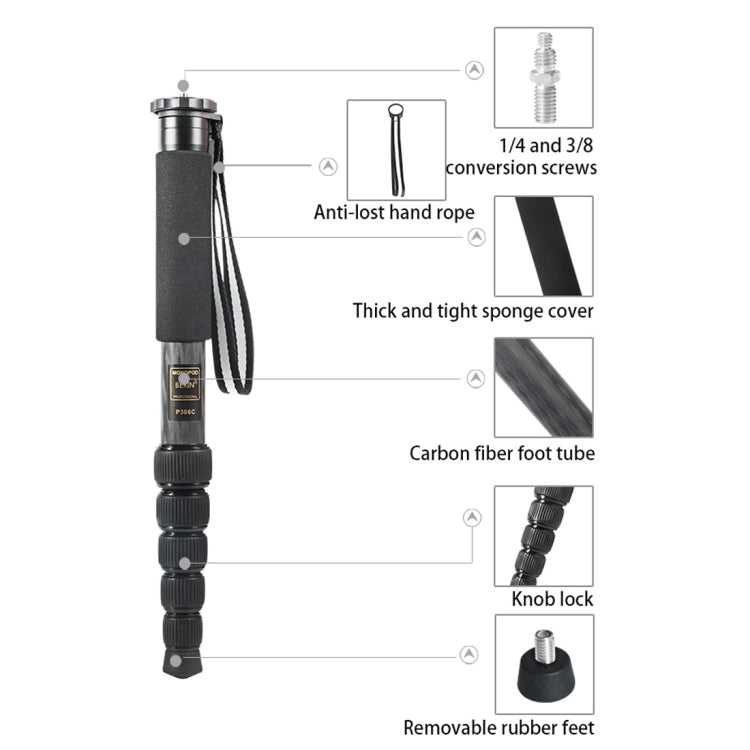 BEXIN P306C แบบพกพากลางแจ้งกล้อง DSLR ผู้ถือ Monopod คาร์บอนไฟเบอร์, P306C