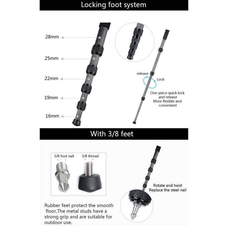 BEXIN MCS285 แบบพกพากลางแจ้ง DSLR กล้อง ผู้ถือ Monopod คาร์บอนไฟเบอร์, MCS285