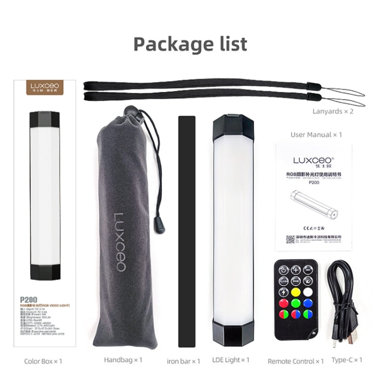 LUXCeO RGB สีสันภาพ LED Stick Video Light APP ควบคุมอุณหภูมิสีปรับได้กันน้ำมือถือ LED เติมแสงพร้อมรีโมทคอนโทรล, P200 RGB