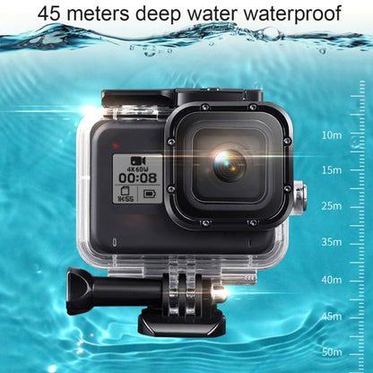 สำหรับ GoPro HERO8 สีดำ 45m เคสกันน้ำที่อยู่อาศัยพร้อมหัวเข็มขัดพื้นฐานและสกรูและด้ามจับ Bobber ลอยและสายรัดและแทรกป้องกันหมอก, Transparent HERO8 Case