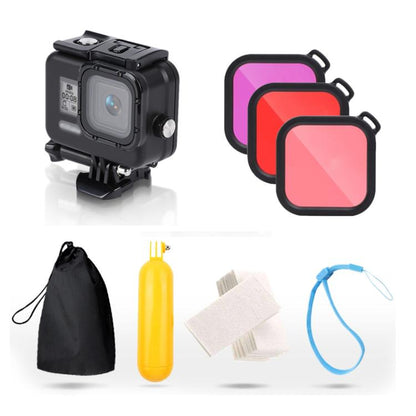 สำหรับ GoPro HERO8 สีดำเคสกันน้ำ 45 ม. พร้อมตัวยึดแบบหัวเข็มขัดและสกรูและตัวกรอง (สีม่วง, สีแดง, สีชมพู) และด้ามจับ Bobber แบบลอยตัวและสายรัดและส่วนแทรกป้องกันหมอก, Transparent HERO8 Case+Filters
