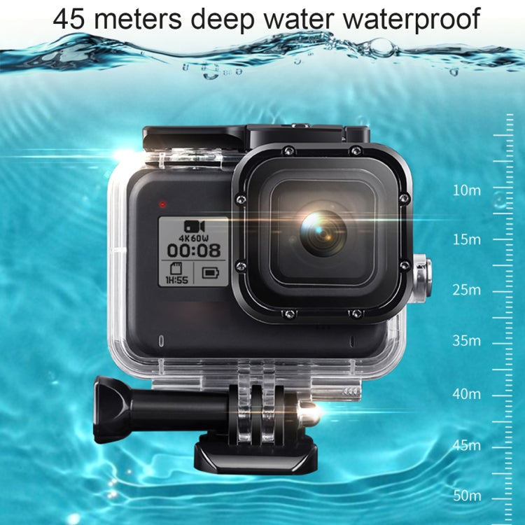 สำหรับ GoPro HERO8 สีดำเคสกันน้ำ 45 ม. พร้อมตัวยึดแบบหัวเข็มขัดและสกรูและตัวกรอง (สีม่วง, สีแดง, สีชมพู) และด้ามจับ Bobber แบบลอยตัวและสายรัดและส่วนแทรกป้องกันหมอก, Transparent HERO8 Case+Filters