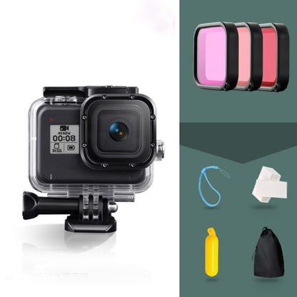 สำหรับ GoPro HERO8 สีดำเคสกันน้ำ 45 ม. พร้อมตัวยึดแบบหัวเข็มขัดและสกรูและตัวกรอง (สีม่วง, สีแดง, สีชมพู) และด้ามจับ Bobber แบบลอยตัวและสายรัดและส่วนแทรกป้องกันหมอก, Black HERO8 Case+Filters