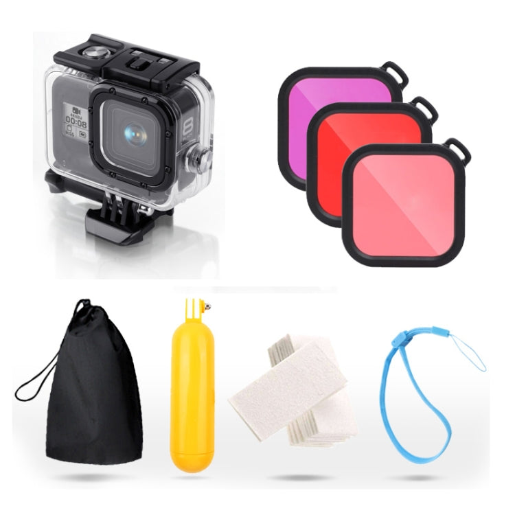 สำหรับ GoPro HERO8 สีดำเคสกันน้ำ 45 ม. พร้อมตัวยึดแบบหัวเข็มขัดและสกรูและตัวกรอง (สีม่วง, สีแดง, สีชมพู) และด้ามจับ Bobber แบบลอยตัวและสายรัดและส่วนแทรกป้องกันหมอก, Black HERO8 Case+Filters