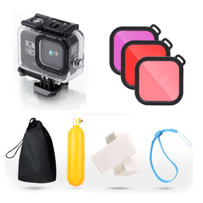 สำหรับ GoPro HERO8 สีดำเคสกันน้ำ 45 ม. พร้อมตัวยึดแบบหัวเข็มขัดและสกรูและตัวกรอง (สีม่วง, สีแดง, สีชมพู) และด้ามจับ Bobber แบบลอยตัวและสายรัดและส่วนแทรกป้องกันหมอก, Black HERO8 Case+Filters