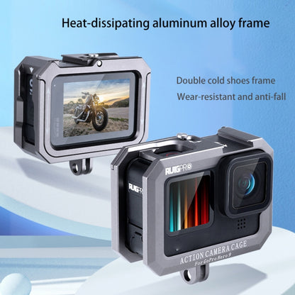 RUIGPRO สำหรับ GoPro HERO10 Black / HERO9 Black Metal Border Frame Mount กรงป้องกันพร้อมฐานรองเท้าเย็นคู่, Silver Grey