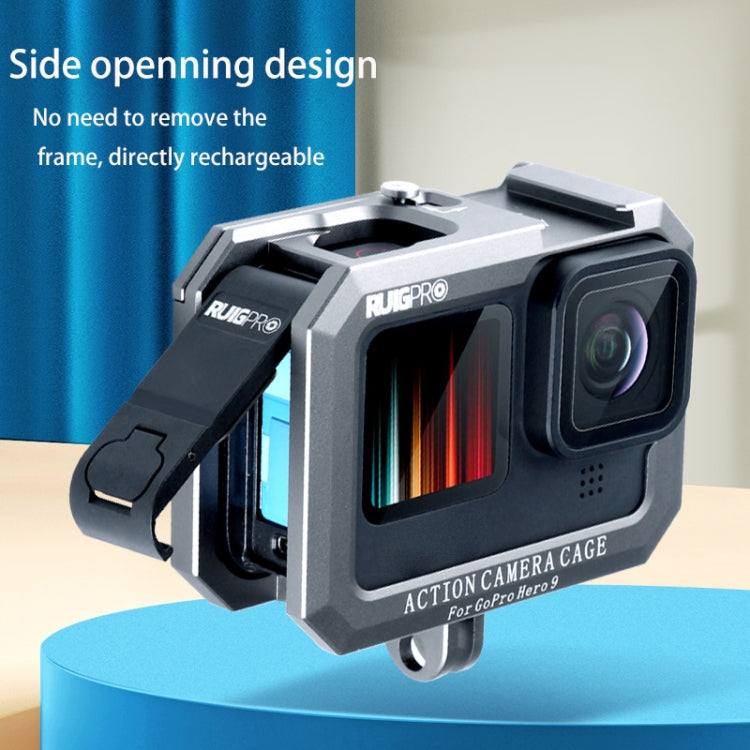 RUIGPRO สำหรับ GoPro HERO10 Black / HERO9 Black Metal Border Frame Mount กรงป้องกันพร้อมฐานรองเท้าเย็นคู่, Silver Grey