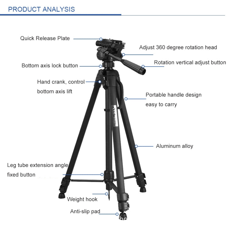 WeiFeng WT-3560 ขาพับ 3 ส่วนถ่ายทอดสดขาตั้งกล้องอลูมิเนียมอัลลอยด์, WT-3560