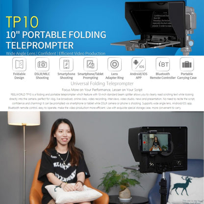 FEELWORLD TP10 แบบพกพา 10 นิ้ว Teleprompter พับพร้อมรีโมทคอนโทรลเลนส์อะแดปเตอร์แหวนสำหรับด้านล่าง 10 นิ้วสมาร์ทโฟน/แท็บเล็ต, TP10