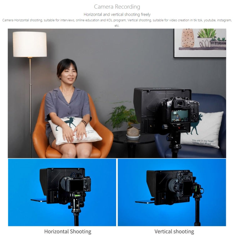 FEELWORLD TP10 แบบพกพา 10 นิ้ว Teleprompter พับพร้อมรีโมทคอนโทรลเลนส์อะแดปเตอร์แหวนสำหรับด้านล่าง 10 นิ้วสมาร์ทโฟน/แท็บเล็ต, TP10