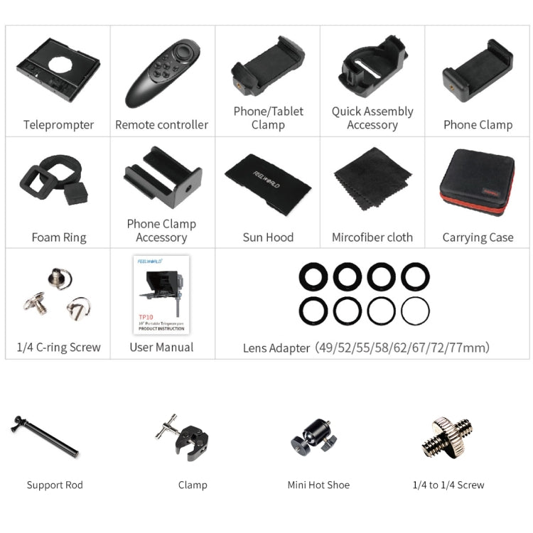FEELWORLD TP10 แบบพกพา 10 นิ้ว Teleprompter พับพร้อมรีโมทคอนโทรลเลนส์อะแดปเตอร์แหวนสำหรับด้านล่าง 10 นิ้วสมาร์ทโฟน/แท็บเล็ต, TP10